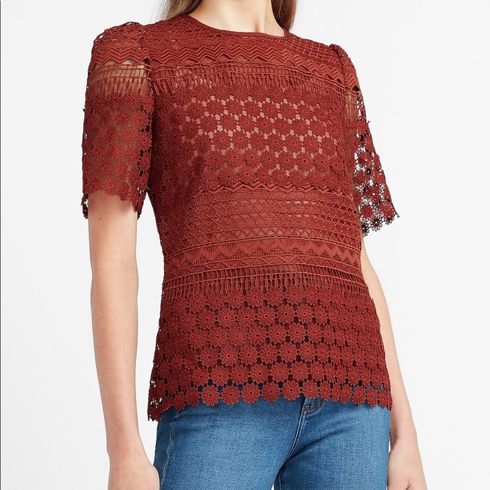 Lace Puff Sleeve Crew Neck Top
